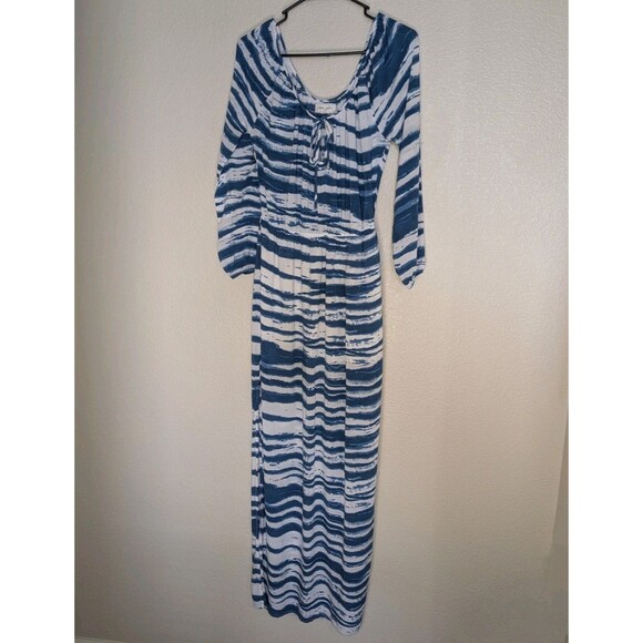 Retro Simone Maxi Dress M Blue & White Tie-Dye Boho Beach Cover-Up 100% Rayon - Picture 1 of 9